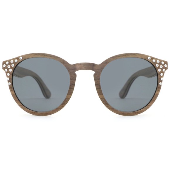 Wood Sunglasses with Gradient Gray Polarized Lens Brown Wood Frame & Rhinestones main image 6
